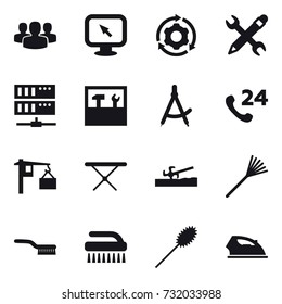 16 vector icon set : group, monitor arrow, around gear, pencil wrench, server, tools, draw compass, iron board, soil cutter, rake, brush, duster, iron