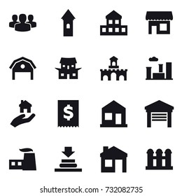 16 vector icon set : group, tower, cottage, shop, barn, japanese house, fort, city, real estate, home, garage, house, grain elevator