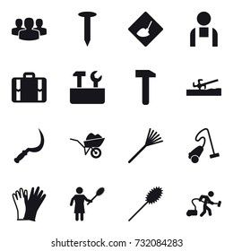 16 vector icon set : group, nail, under construction, suitcase, repair tools, soil cutter, sickle, wheelbarrow, rake, vacuum cleaner, gloves, woman with pipidaster, duster