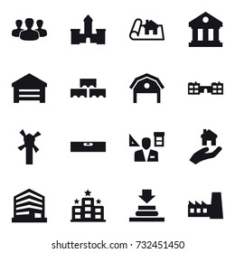 16 vector icon set : group, castle, project, library, garage, block wall, barn, school, windmill, level, architector, real estate, hotel, factory