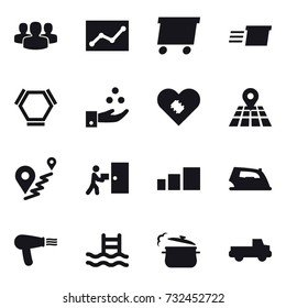 16 vector icon set : group, statistic, delivery, hex molecule, chamical industry, iron, hair dryer, pool, steam pan, pickup