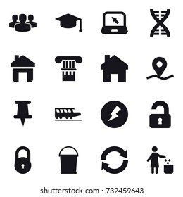 16 vector icon set : group, graduate hat, notebook, dna, home, column, train, electricity, unlocked, bucket, reload, garbage bin