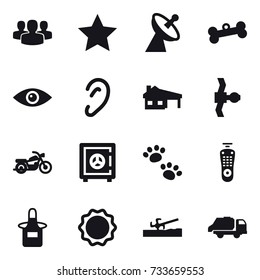 16 vector icon set : group, star, satellite antenna, bone, house with garage, motorcycle, safe, pets, apron, soil cutter, trash truck