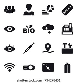 16 vector icon set : group, woman, diagram, sale, eye, bio, cloud service, cash box, repair tools, dry wash