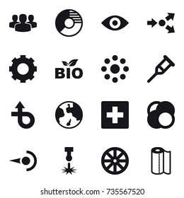 16 vector icon set : group, circle diagram, eye, core splitting, gear, bio, round around, earth, first aid, wheel, paper towel