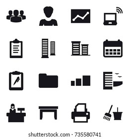 16 vector icon set : group, woman, statistic, notebook wireless, clipboard, skyscrapers, district, hotel, reception, table, bucket and broom