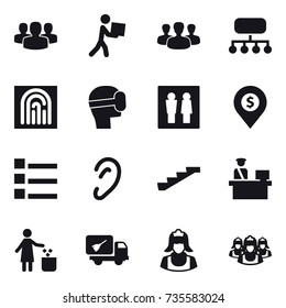 16 vector icon set : group, courier, structure, fingerprint, virtual mask, wc, dollar pin, list, stairs, garbage bin, home call cleaning, cleaner, outsource