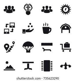 16 vector icon set : group, bulb brain, sun power, notebook connect, chamical industry, hot drink, barn, lounger, baggage trolley, landscape, table, hard reach place cleaning