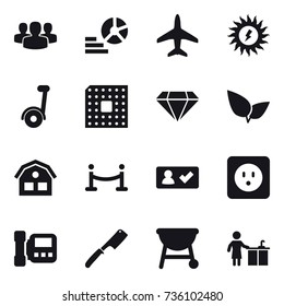 16 vector icon set : group, diagram, plane, sun power, segway, cpu, diamond, house, vip fence, check in, power socket, intercome, chef knife, kitchen cleaning