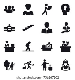 16 vector icon set : group, woman, courier, bulb head, stairs, tourist, baggage checking, inspector, garden cleaning, vacuum cleaner, garbage bin, cleaner