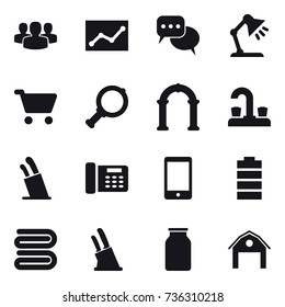 16 vector icon set : group, statistic, discussion, table lamp, cart, magnifier, arch, water tap, stands for knives, towel, knife holder, barn