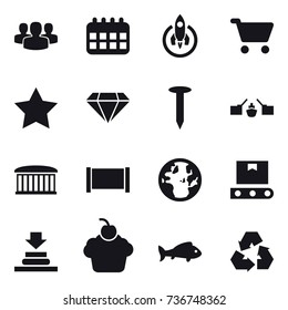 16 vector icon set : group, calendar, rocket, cart, star, diamond, nail, drawbridge, airport building, fence, fish, recycling