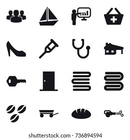 16 vector icon set : group, boat, presentation, add to basket, shoes, house with garage, key, door, towels, towel, coffee seeds, trailer, bread, blower