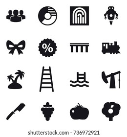 16 vector icon set : group, circle diagram, fingerprint, jet robot, bow, percent, bridge, train, island, stairs, pool, chef knife, grape, tomato, garden