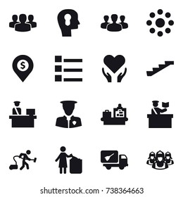 16 vector icon set : group, bulb head, round around, dollar pin, list, stairs, baggage checking, inspector, vacuum cleaner, garbage bin, home call cleaning, outsource