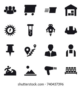 16 vector icon set : group, delivery, warehouse, sun power, vial, jet robot, building helmet, surfer, landscape, hair dryer