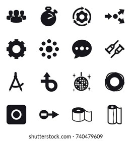 16 vector icon set : group, stopwatch, around gear, core splitting, gear, round around, ballon, draw compass, disco ball, lifebuoy, ring button, toilet paper, paper towel