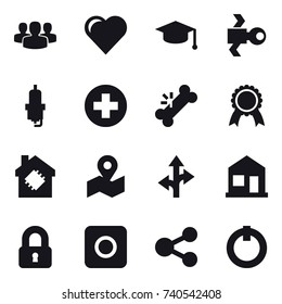 16 vector icon set : group, heart, graduate hat, satellite, spark plug, medal, smart house, home, locked, ring button