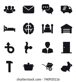 16 vector icon set : group, mail, discussion, delivery, minaret, garage, door, pan, wheelbarrow, rabbit