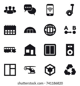 16 vector icon set : group, discussion, phone wireless, segway, hangare, bus, home, power switch, speaker, window, recycling