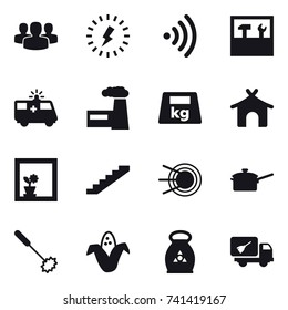 16 vector icon set : group, lightning, wireless, tools, factory, bungalow, flower in window, stairs, saute pan, whisk, corn, fertilizer, home call cleaning