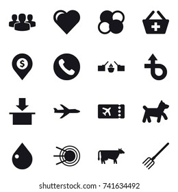16 vector icon set : group, heart, atom core, add to basket, dollar pin, phone, drawbridge, plane, ticket, dog, drop, cow, fork