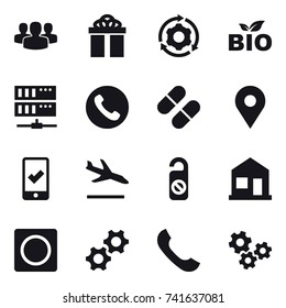 16 vector icon set : group, gift, around gear, bio, server, phone, mobile checking, arrival, do not distrub, home, ring button, gears