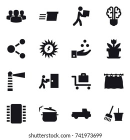 16 vector icon set : group, delivery, courier, bulb brain, molecule, sun power, chamical industry, flower, lighthouse, baggage trolley, curtain, steam pan, pickup, bucket and broom