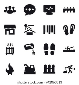 16 vector icon set : group, ballon, bridge, shop, flip-flops, radiator, mixer, slippers, soil cutter, fire, harvester, grain elevator, vacuum cleaner