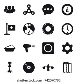 16 vector icon set : group, spinner, ballon, info, earth, lifebuoy, watch, washing, hair dryer, ring button, hard reach place cleaning, paper towel