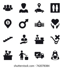 16 vector icon set : group, woman, car pointer, wc, dollar pin, stairs, inspector, garbage bin, home call cleaning, cleaner