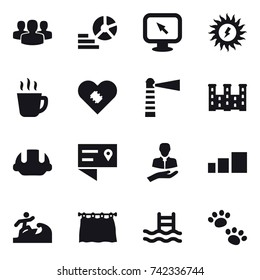 16 vector icon set : group, diagram, monitor arrow, sun power, hot drink, lighthouse, palace, building helmet, surfer, curtain, pool, pets