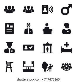 16 Vector Icon Set : Group, Pass Card, Check In, Detector, Hospital, Chair For Babies, Skyscapers Cleaning, Garden Cleaning, Outsource