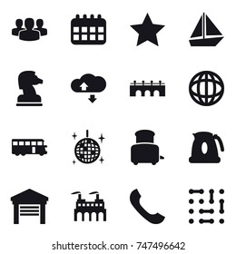 16 vector icon set : group, calendar, star, boat, chess horse, cloude service, bridge, bus, disco ball, toaster, kettle, garage