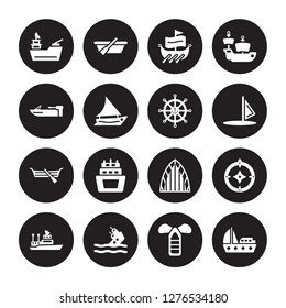 16 vector icon set : gunboat, port and starboard, capsizing, ship Admiral, Azimuth compass, Yacht Facing Right, motorboat, Seaworthy, marine isolated on black background