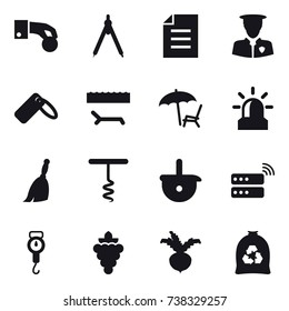 16 vector icon set : hand coin, drawing compass, lounger, alarm, broom, corkscrew, handle scales, grape, beet, garbage bag