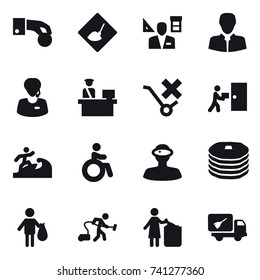 16 vector icon set : hand coin, under construction, architector, surfer, invalid, trash, vacuum cleaner, garbage bin, home call cleaning