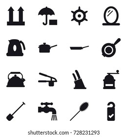 16 vector icon set : handwheel, mirror, kettle, saute pan, pan, garlic clasp, knife holder, hand mill, shovel, water tap, duster, please clean