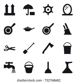 16 vector icon set : handwheel, mirror, pan, knife holder, scissors, shovel, axe, bucket, water tap, plunger