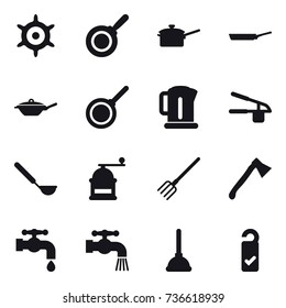 16 vector icon set : handwheel, pan, saute pan, kettle, garlic clasp, ladle, hand mill, fork, axe, water tap, plunger, please clean