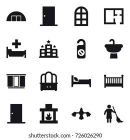 16 vector icon set : hangare, door, arch window, plan, hospital, hotel, do not distrub, wardrobe, dresser, bed, crib, fireplace, hard reach place cleaning, brooming