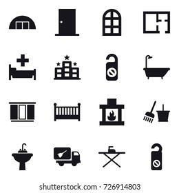 16 vector icon set : hangare, door, arch window, plan, hospital, hotel, do not distrub, bath, wardrobe, crib, fireplace, bucket and broom, water tap sink, home call cleaning, iron board