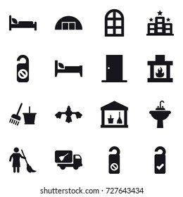16 vector icon set : hangare, arch window, hotel, do not distrub, bed, door, fireplace, bucket and broom, hard reach place cleaning, utility room, water tap sink, brooming, home call cleaning