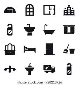 16 vector icon set : hangare, arch window, plan, hotel, do not distrub, bath, wardrobe, dresser, bed, door, bucket and broom, hard reach place cleaning, water tap sink, home call cleaning
