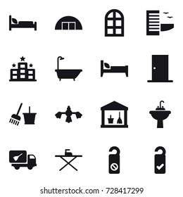 16 vector icon set : hangare, arch window, hotel, bath, bed, door, bucket and broom, hard reach place cleaning, utility room, water tap sink, home call cleaning, iron board, do not distrub