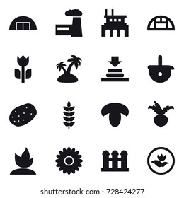 16 vector icon set : hangare, factory, greenhouse, island, mushroom, beet, sprouting, flower, grain elevator, ecology
