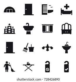 16 vector icon set : hangare, door, hotel, hospital, wardrobe, dresser, bucket and broom, hard reach place cleaning, water tap sink, brooming, iron board, do not distrub, please clean