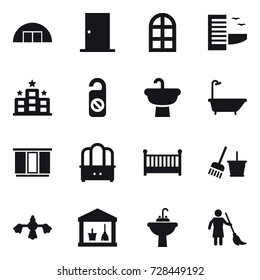 16 vector icon set : hangare, door, arch window, hotel, do not distrub, bath, wardrobe, dresser, crib, bucket and broom, hard reach place cleaning, utility room, water tap sink, brooming