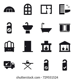 16 vector icon set : hangare, arch window, plan, hotel, do not distrub, bath, wardrobe, dresser, door, fireplace, utility room, home call cleaning, iron board, please clean