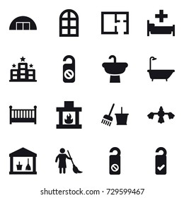 16 vector icon set : hangare, arch window, plan, hospital, hotel, do not distrub, bath, crib, fireplace, bucket and broom, hard reach place cleaning, utility room, brooming, please clean